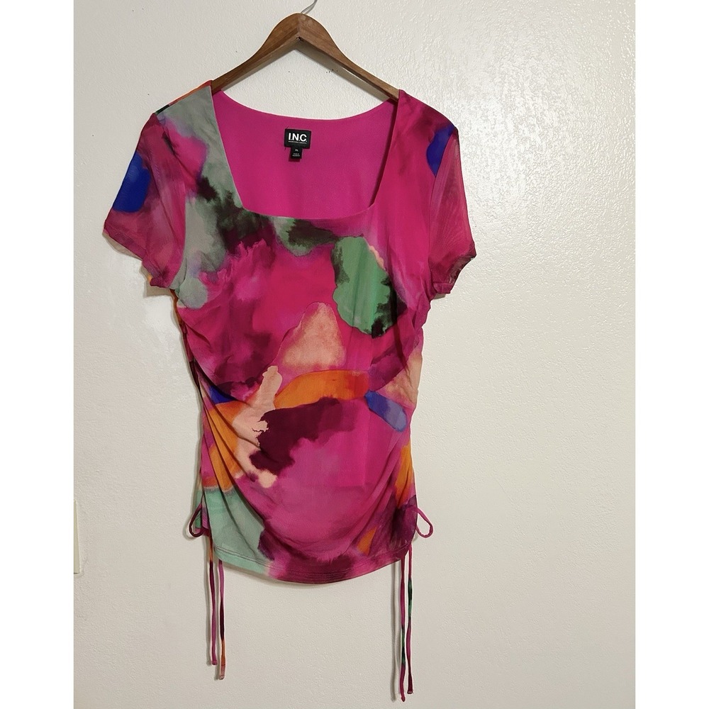 INC Women's Watercolor Mesh Blouse Grunge Fairy Ruched y2k Style